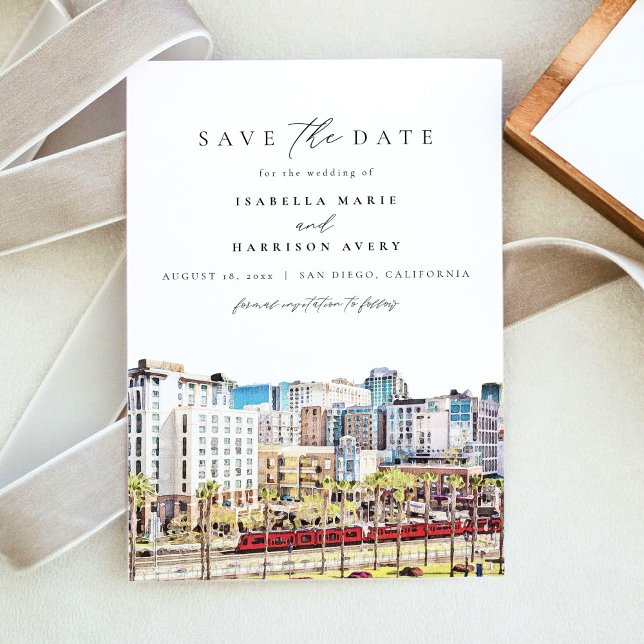 Invitation Aquarelle San Diego Skyline Beach Enregistrer la d (Créateur téléchargé)