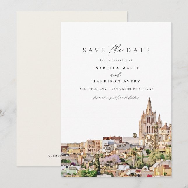 Invitation Aquarelle San Miguel Mexique Enregistrer la date (Devant / Derrière)