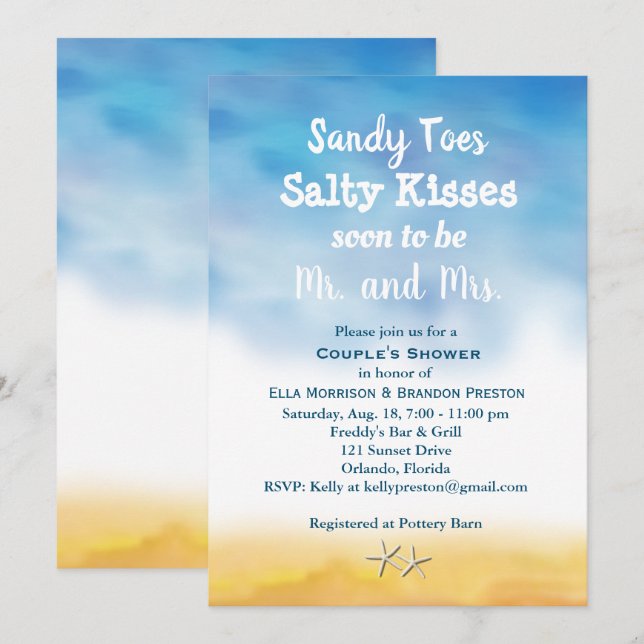 Invitation Aquarelle Sandy Toes Douche Couple - ciel & sable (Devant / Derrière)