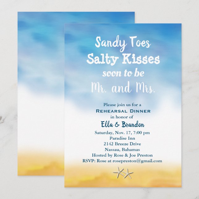 Invitation Aquarelle Sandy Toes Répétition Dîner ciel & sable (Devant / Derrière)