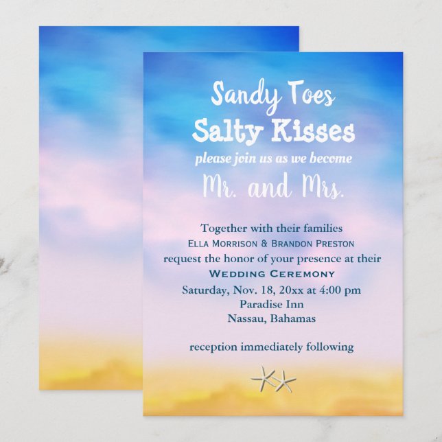 Invitation Aquarelle Sandy Toes Wedding Inviter coucher de so (Devant / Derrière)