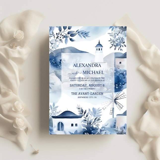 Invitation Aquarelle Santorin Destination Mariage (Créateur téléchargé)