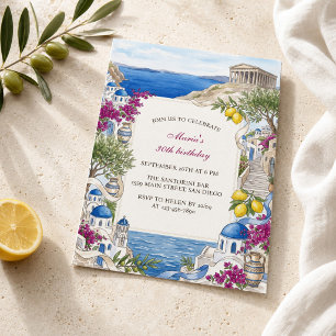 Invitation Aquarelle Santorin Grèce Méditerranée Anniversaire
