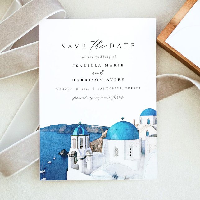 Invitation Aquarelle Santorini Grèce Skyline Enregistrer la d (Créateur téléchargé)