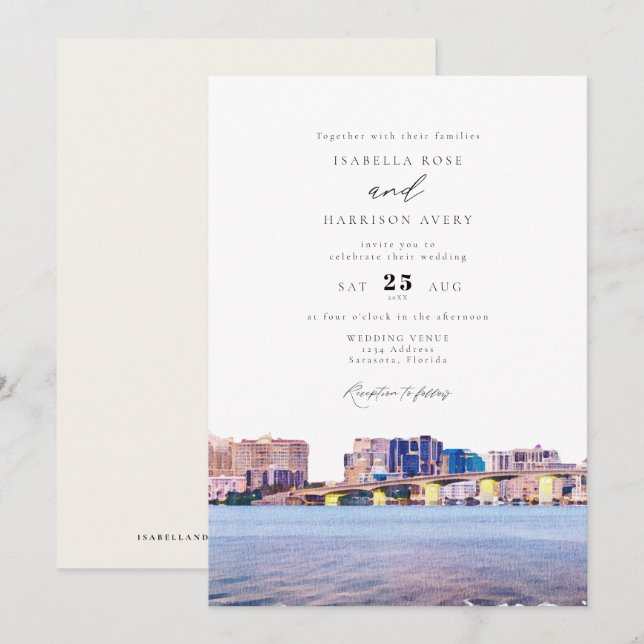 Invitation Aquarelle Sarasota Floride Skyline Paint Mariage (Devant / Derrière)