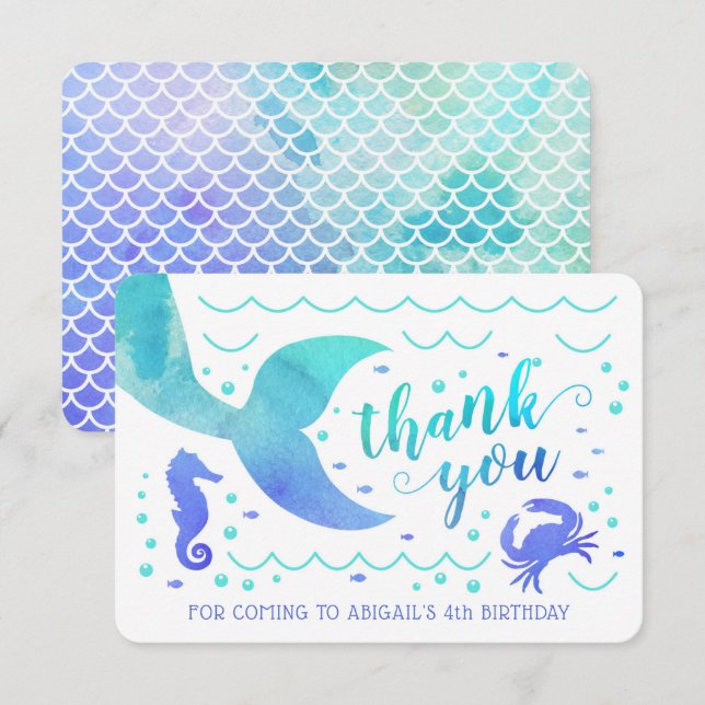 Invitation Aquarelle sarcelle sous l'eau Merci sirène (Devant / Derrière)