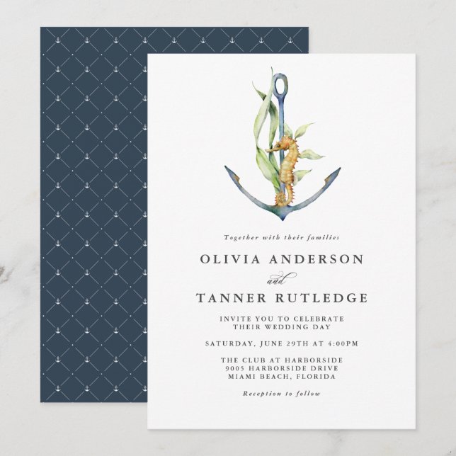 Invitation Aquarelle Seahorse et Ancre Mariage nautique (Devant / Derrière)