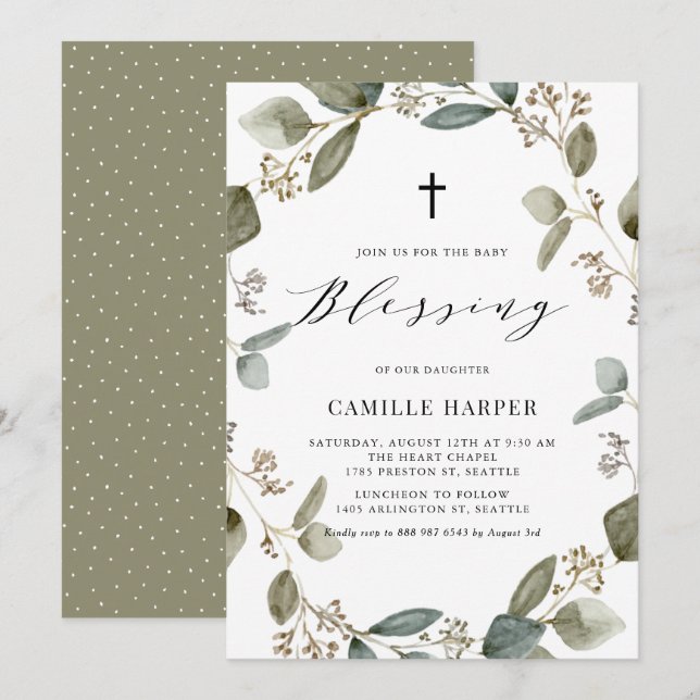 Invitation Aquarelle Semée Eucalyptus Wreath Baby Blessing (Devant / Derrière)