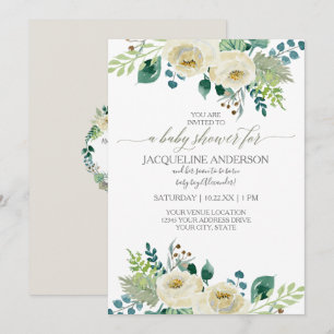 Invitation Aquarelle Sexe Baby shower neutre Flore blanche
