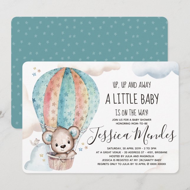 Invitation Aquarelle Sexe Neutre Baby shower Ours Teddy (Devant / Derrière)
