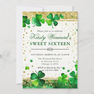 Invitation Aquarelle Shamrock Vert et Or Sweet Sixteen