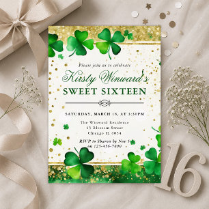 Invitation Aquarelle Shamrock Vert et Or Sweet Sixteen