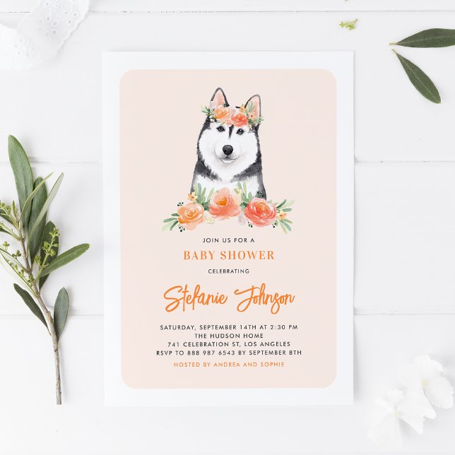 Invitation Aquarelle Sibérie Husky Pêche Baby shower Floral (Créateur téléchargé)