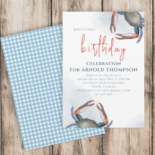 Invitation Aquarelle Simple Anniversaire Crabe Bleu Océan Côt