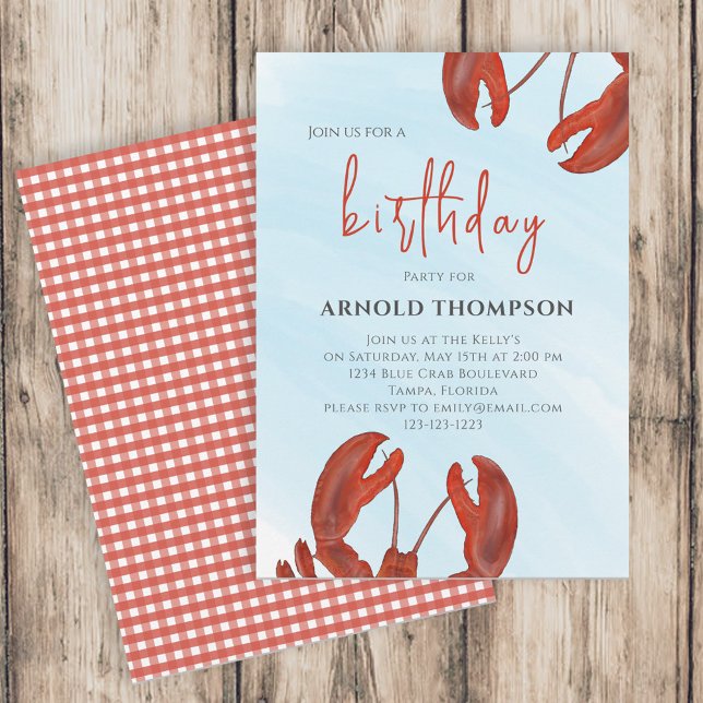 Invitation Aquarelle Simple Anniversaire Rouge Homard Côtier (Créateur téléchargé)