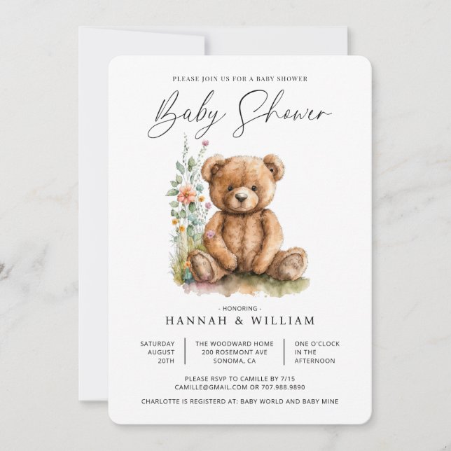 Invitation Aquarelle simple Baby shower d'ours en peluche (Devant)