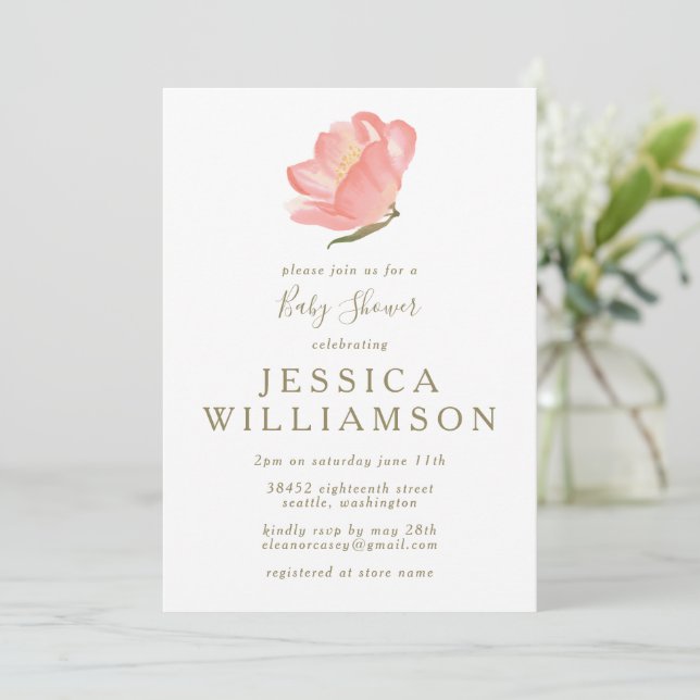 Invitation Aquarelle simple Baby shower floral rose pâle (Debout devant)