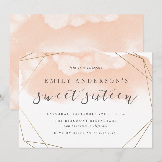Invitation Aquarelle simple couleur or Géométrique Sweet 16 (Devant / Derrière)