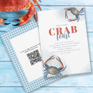 Invitation Aquarelle Simple Crabe Bleu Fête Code QR