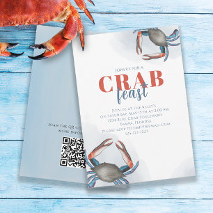 Invitation Aquarelle Simple Crabe Bleu Fête Code QR