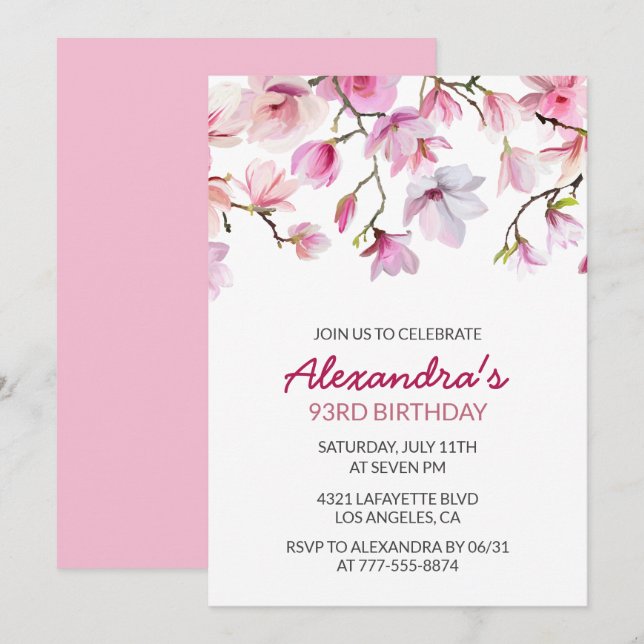 Invitation Aquarelle simple Elégante Boho rose 93e anniversai (Devant / Derrière)