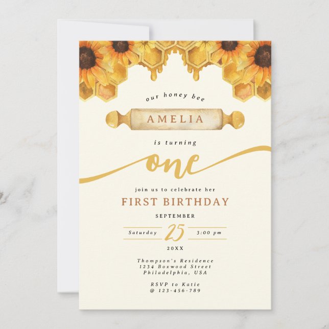 Invitation Aquarelle simple Miel Bee Tournesol 1er anniversai (Devant)