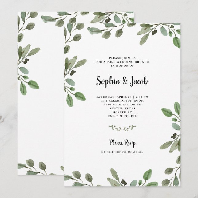 Invitation Aquarelle simple Verdure| Brunch Mariage (Devant / Derrière)