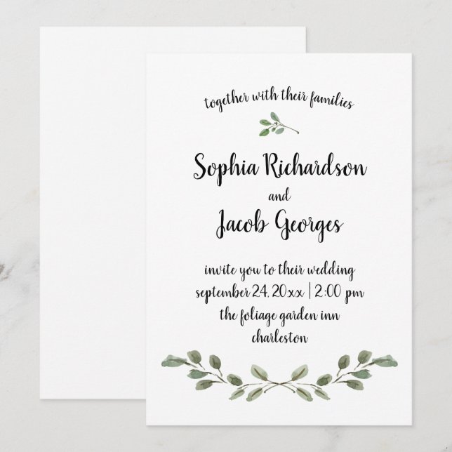 Invitation Aquarelle simple Verdure et script| Mariage (Devant / Derrière)