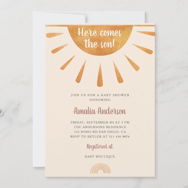 Invitation Aquarelle simple Voici le Baby shower Son (Devant)