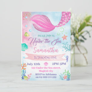 Invitation Aquarelle Sirène 1er 2e 3e 4e 5e anniversaire