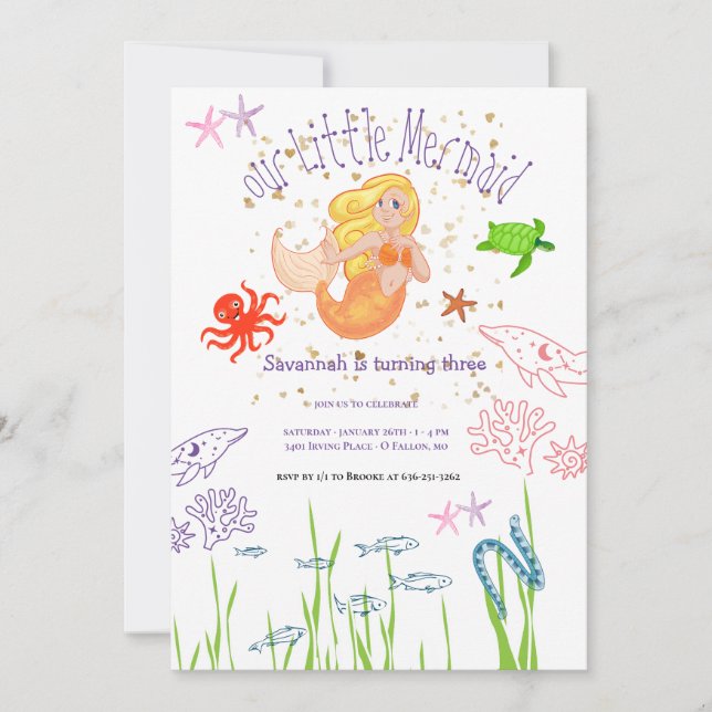 Invitation Aquarelle Sirène Anniversaire (Devant)