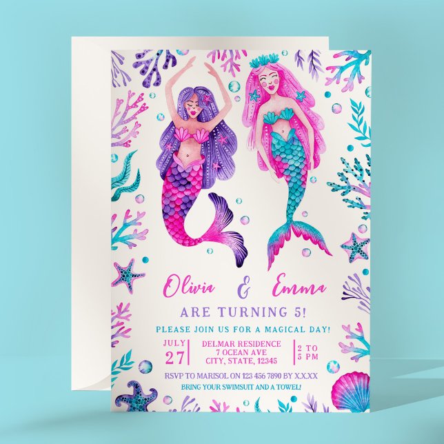 Invitation Aquarelle Sirène Jumelle Soeurs d'Anniversaire (Watercolor Mermaid Joint Birthday Sisters Invitation)