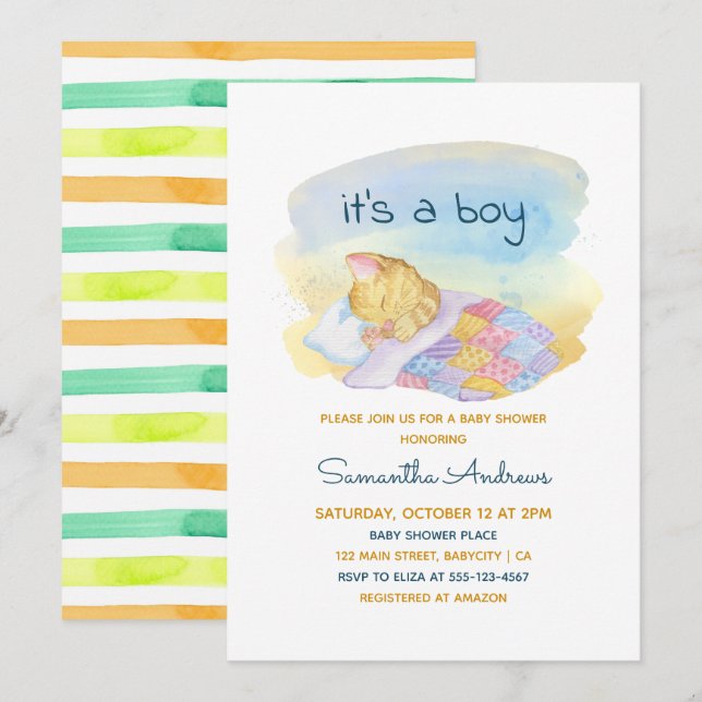 Invitation Aquarelle Sleepy Kitten C'est un Baby shower garço (Devant / Derrière)