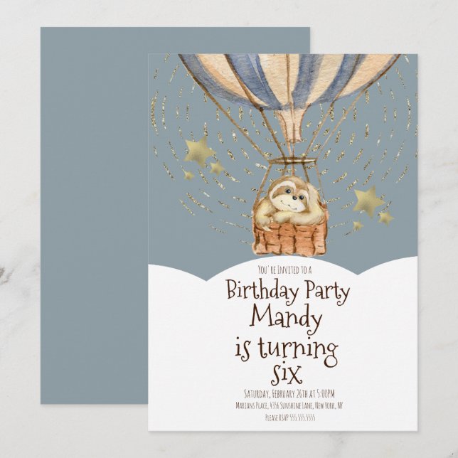 Invitation Aquarelle Sloth Aspirateur Anniversaire Dusty Blue (Devant / Derrière)