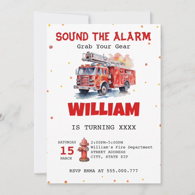 Invitation Aquarelle Son de l'alarme Fireman Anniversaire (Devant)