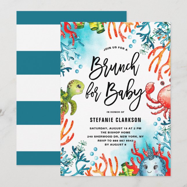 Invitation Aquarelle sous la mer Baby shower Brunch (Devant / Derrière)
