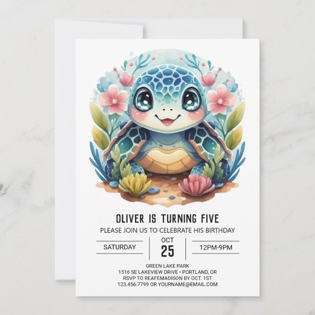 Invitation Aquarelle sous la mer Enfants Turtle Boy Anniversa (Devant)