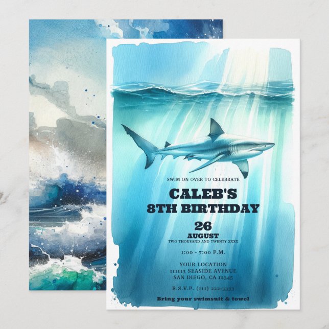 Invitation Aquarelle sous-marine Fête d'anniversaire du requi (Devant / Derrière)