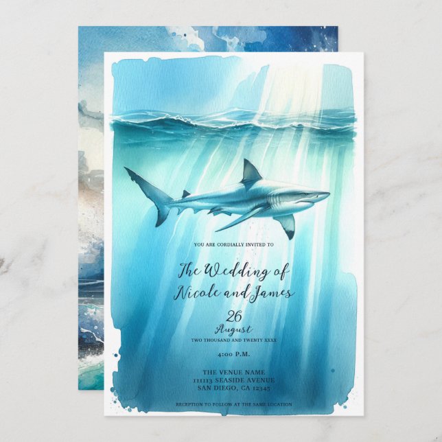 Invitation Aquarelle sous-marine Ocean Shark Aquarium Mariage (Devant / Derrière)