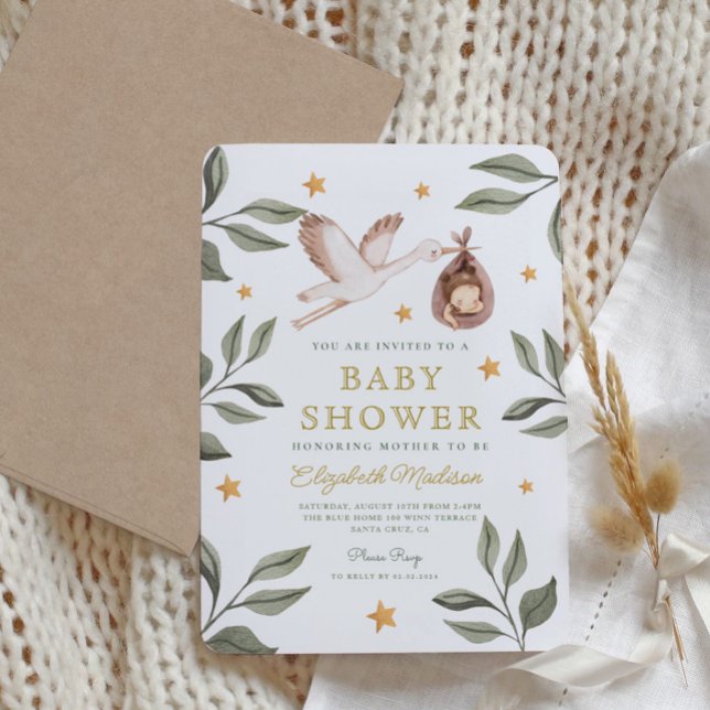 Invitation Aquarelle Stork Stars Baby shower verdoyant (Créateur téléchargé)