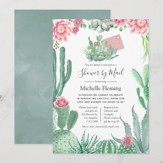 Invitation Aquarelle Succulent bébé ou Fête des mariées par c (Devant / Derrière)