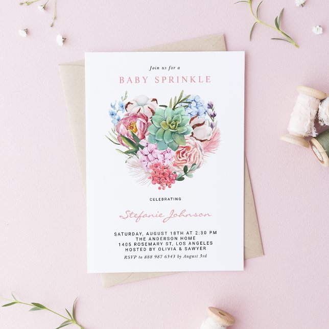 Invitation Aquarelle Succulent Floral Heart Baby Sprinky (Créateur téléchargé)