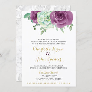 Invitation aquarelle succulent prune rose mariage
