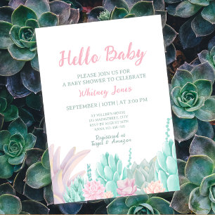Invitation Aquarelle Succulente Baby shower fille rose et men