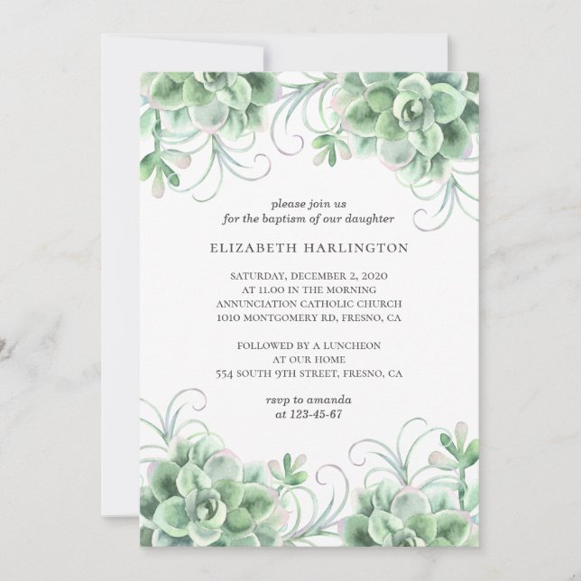 Invitation Aquarelle succulente. Baptême de cactus vert (Devant)