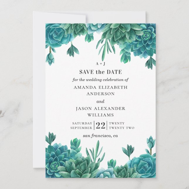 Invitation Aquarelle succulente. Cactus à fleurs mariage bleu (Devant)