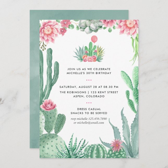 Invitation Aquarelle Succulente fête d'anniversaire (Devant / Derrière)
