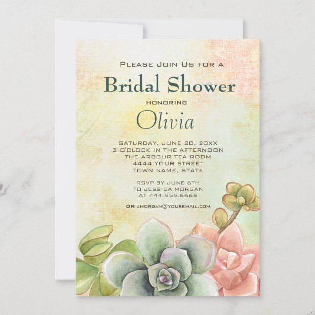 Invitation Aquarelle Succulente Fête des mariées florale (Devant)