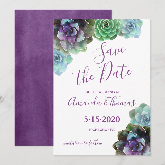 Invitation Aquarelle Succulents Enregistrer la date (Devant / Derrière)