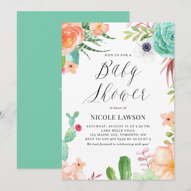 Invitation Aquarelle Succulents et Baby shower de fleurs (Devant / Derrière)